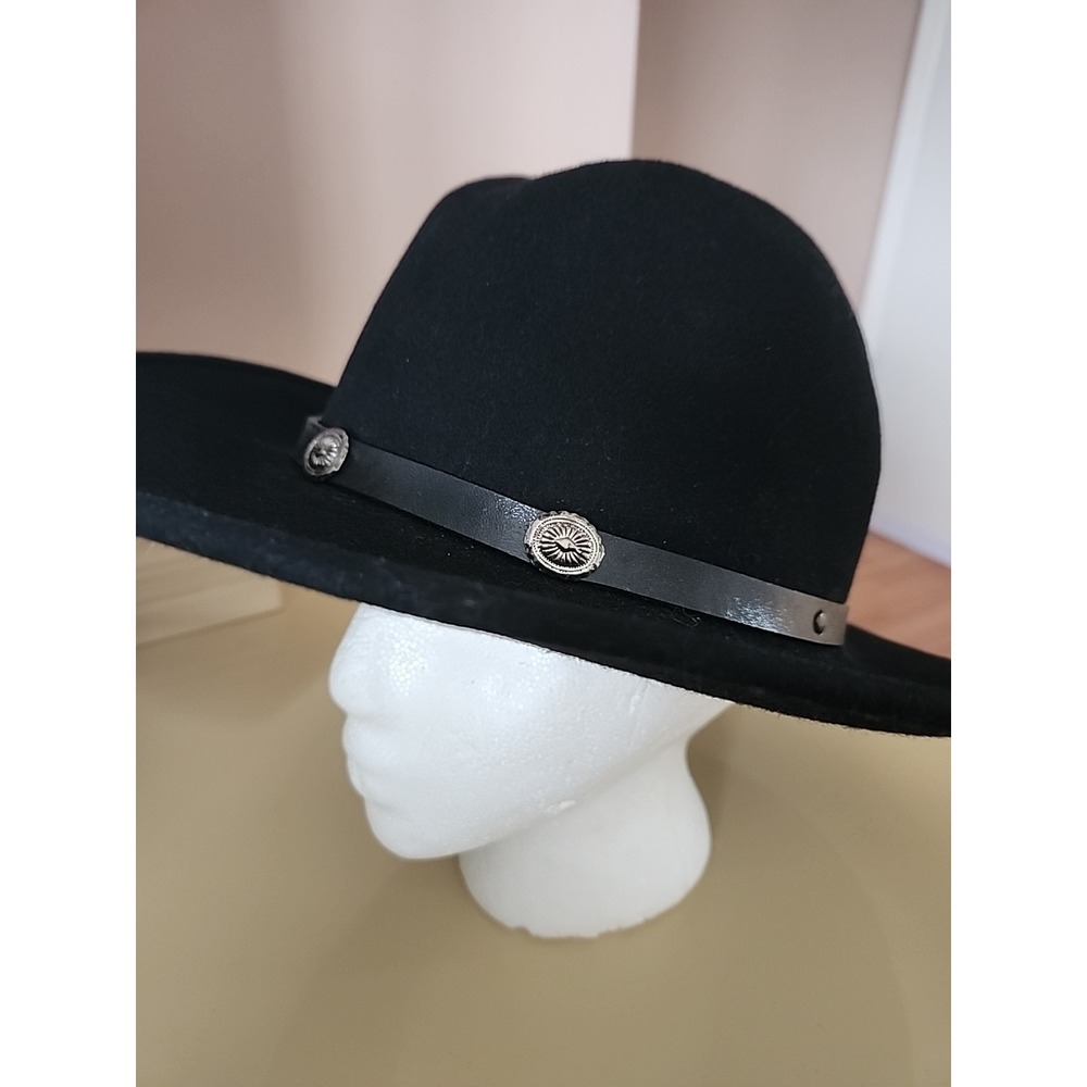 Betmar New York Black Wool Wide Brim Hat Western Leather Band 22" M